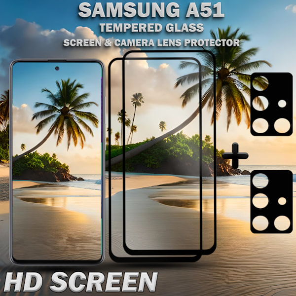 2-Pack SAMSUNG A51 Skærmbeskyttelse & 2-Pack linsebeskyttelse - Hærdet Glas 9H - Super kvalitet 3D