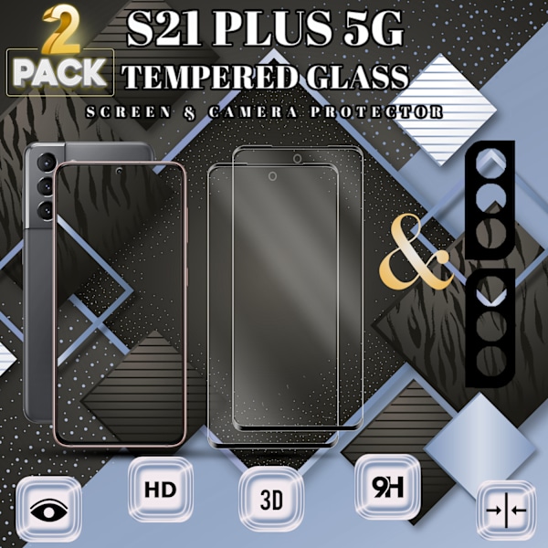 2-Pack SAMSUNG S21 PLUS Skærmbeskyttelse & 2-Pack linsebeskyttelse - Hærdet Glas 9H - Super kvalitet 3D