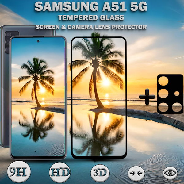 1-Pack SAMSUNG A51 Skærmbeskyttelse & 1-Pack linsebeskyttelse - Hærdet Glas 9H - Super kvalitet 3D