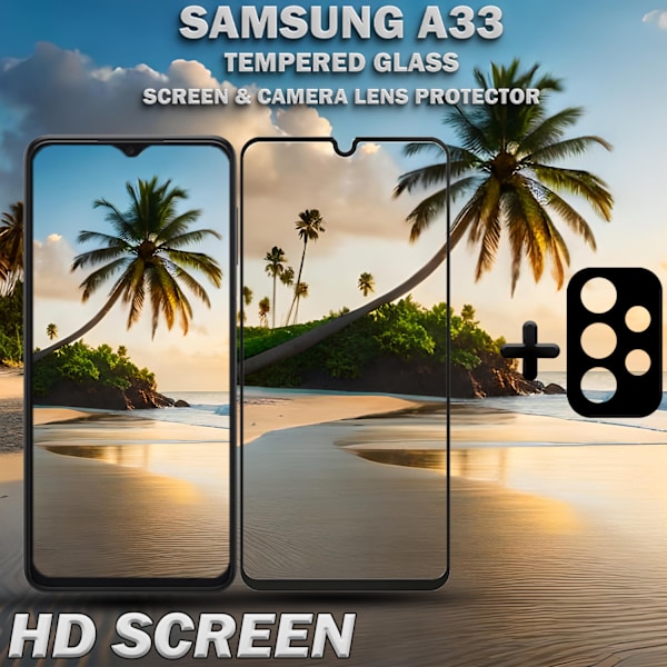 1-Pack SAMSUNG A33 Skærmbeskyttelse & 1-Pack linsebeskyttelse - Hærdet Glas 9H - Super kvalitet 3D