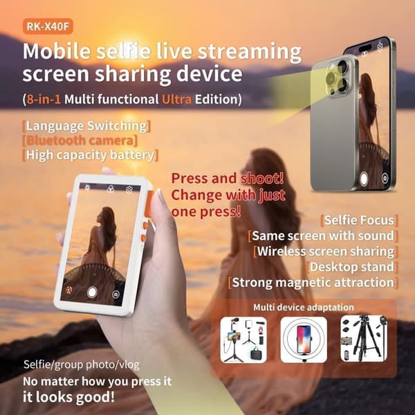 Magnetisk selvmonitor til livestreaming, kompatibel med iPhone og Android