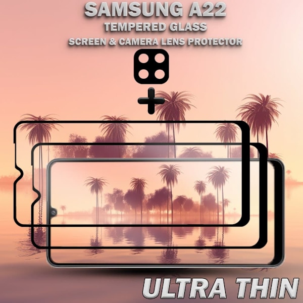 2-Pack SAMSUNG A22 Näytönsuoja & 1-Pack linssinsuoja - Karkaistu Lasi 9H - Super laatu 3D
