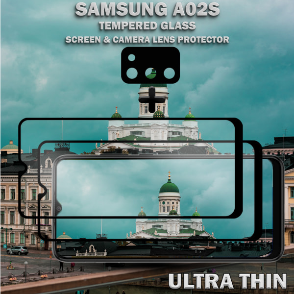 2-Pack Samsung A02s Skärmskydd & 1-Pack linsskydd - Härdat Glas 9H - Super kvalitet 3D
