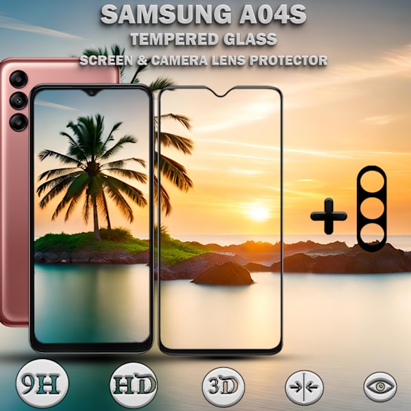 1-Pack SAMSUNG A04S Näytönsuoja & 1-Pack linssinsuoja - Karkaistu Lasi 9H - Super laatu 3D