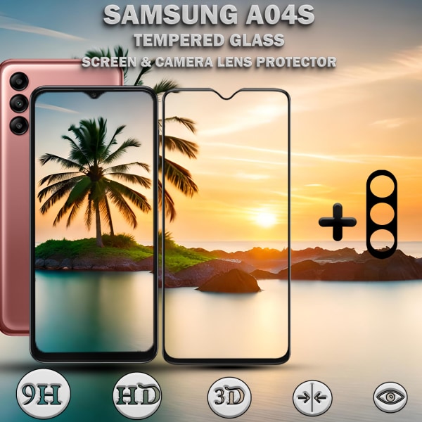 1-Pack Samsung A04s Skärmskydd & 1-Pack linsskydd - Härdat Glas 9H - Super kvalitet 3D