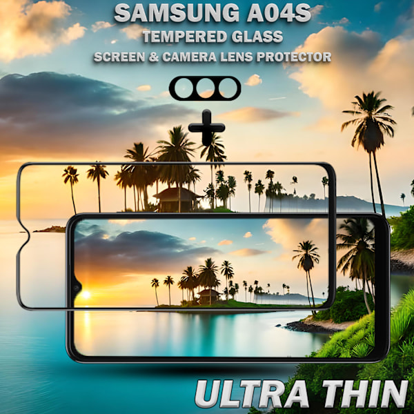 1-Pack SAMSUNG A04S Näytönsuoja & 1-Pack linssinsuoja - Karkaistu Lasi 9H - Super laatu 3D