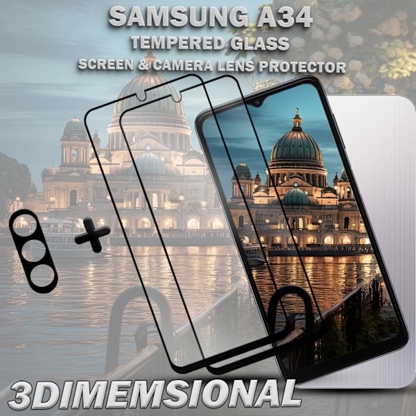 2-Pack SAMSUNG A34 Skærmbeskyttelse & 1-Pack linsebeskyttelse - Hærdet Glas 9H - Super kvalitet 3D