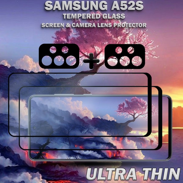 2-Pack Samsung A52s Skärmskydd & 2-Pack linsskydd - Härdat Glas 9H - Super kvalitet 3D