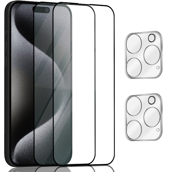 2-Pack Iphone 15 Pro Max Skærmbeskyttelse & 2-Pack linsebeskyttelse - Hærdet Glas 9H - Super kvalitet 3D