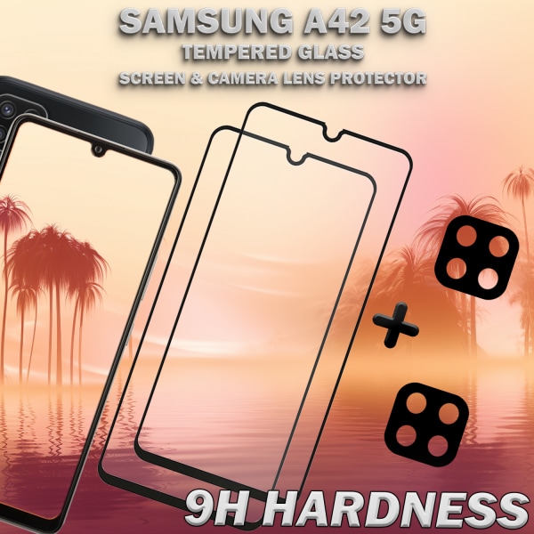 2-Pack Samsung A42 5G Skärmskydd & 2-Pack linsskydd - Härdat Glas 9H - Super kvalitet 3D