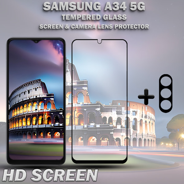 1-Pack SAMSUNG A34 Skærmbeskyttelse & 1-Pack linsebeskyttelse - Hærdet Glas 9H - Super kvalitet 3D