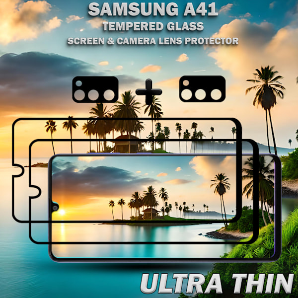 2-Pack Samsung A41 Skärmskydd & 2-Pack linsskydd - Härdat Glas 9H - Super kvalitet 3D