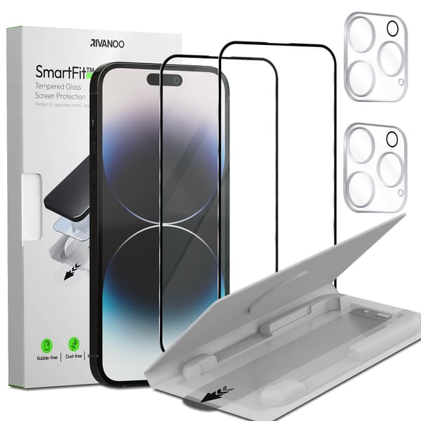 2-PACK iPhone 14 Pro Skärmskydd & 2-PACK Linsskydd - Härdat Glas | [SmartFit Återanvändbart system] - Bubblfritt