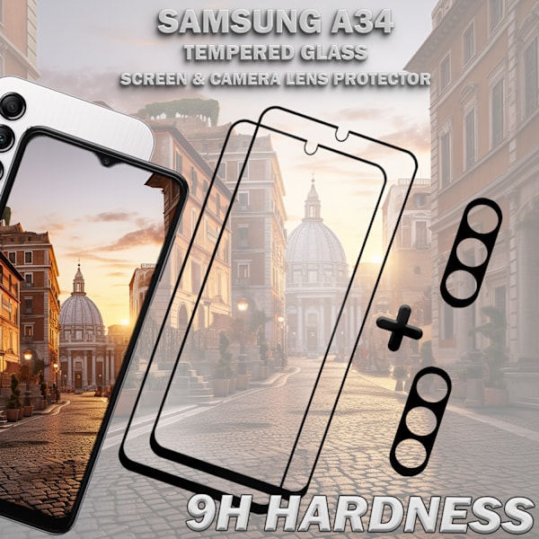 2-Pack SAMSUNG A34 Skærmbeskyttelse & 2-Pack linsebeskyttelse - Hærdet Glas 9H - Super kvalitet 3D