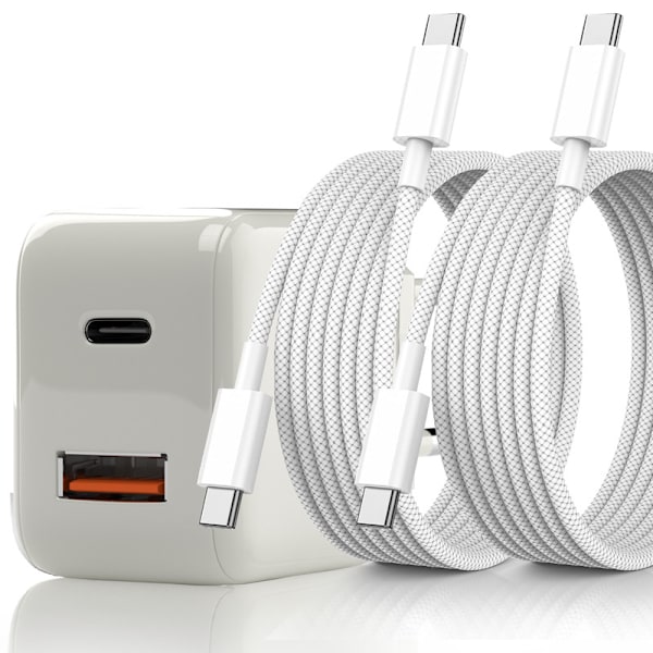 Snabb väggladdare 20W – USB-C PD & USB-A med 2x USB-C-kablar (1m) 1x Laddare, 2x USB-C-kablar (1m)