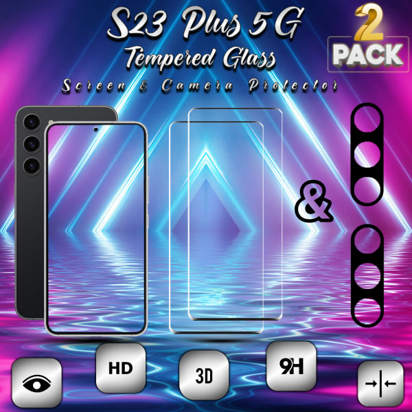 2-Pack Samsung S23 Plus 5G Skärmskydd & 2-Pack linsskydd - Härdat Glas 9H - Super kvalitet 3D