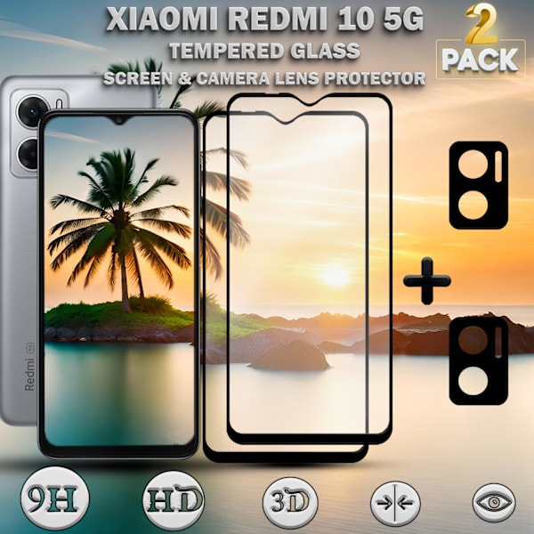 2-Pack XIAOMI REDMI 10 Skærmbeskyttelse & 2-Pack linsebeskyttelse - Hærdet Glas 9H - Super kvalitet 3D