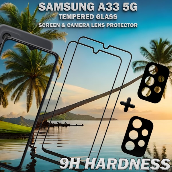 2-Pack SAMSUNG A33 Skærmbeskyttelse & 2-Pack linsebeskyttelse - Hærdet Glas 9H - Super kvalitet 3D