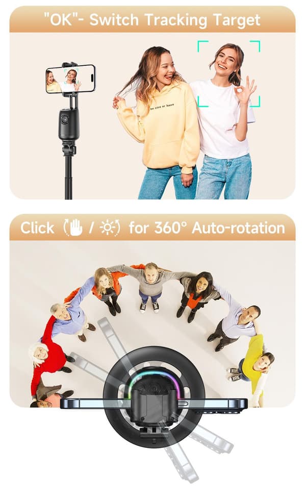Smartphone holder med AI ansigtsgenkendelse og 360° vinkel til vlogning