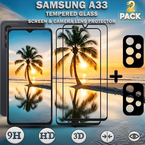 2-Pack SAMSUNG A33 Skærmbeskyttelse & 2-Pack linsebeskyttelse - Hærdet Glas 9H - Super kvalitet 3D
