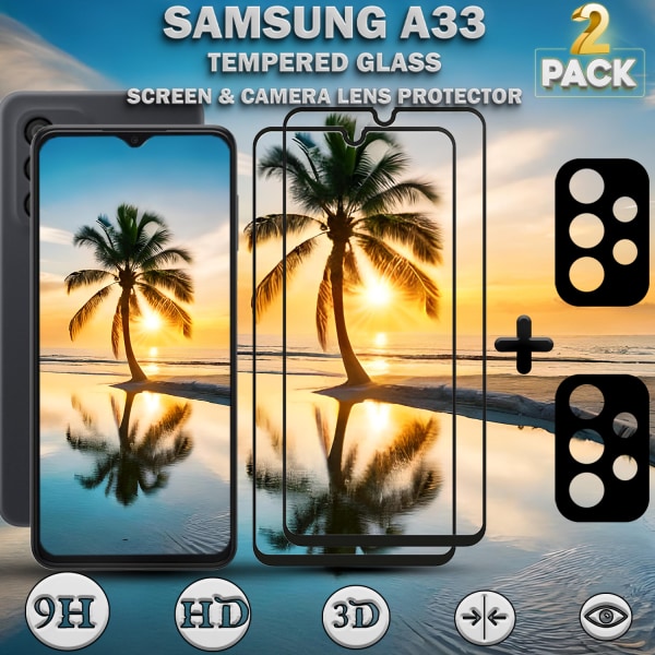 2-Pack Samsung A33 Skärmskydd & 2-Pack linsskydd - Härdat Glas 9H - Super kvalitet 3D