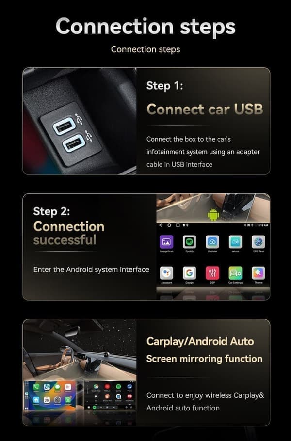 Langaton CarPlay & Android Auto -adapteri USB:llä ja Bluetooth 5.0:lla