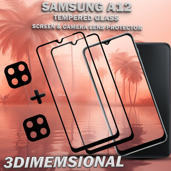 2-Pack Samsung A12 Skärmskydd & 2-Pack linsskydd - Härdat Glas 9H - Super kvalitet 3D