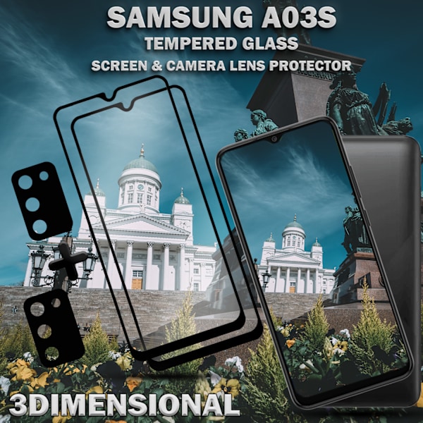 2-Pack Samsung A03s Skärmskydd & 2-Pack linsskydd - Härdat Glas 9H - Super kvalitet 3D