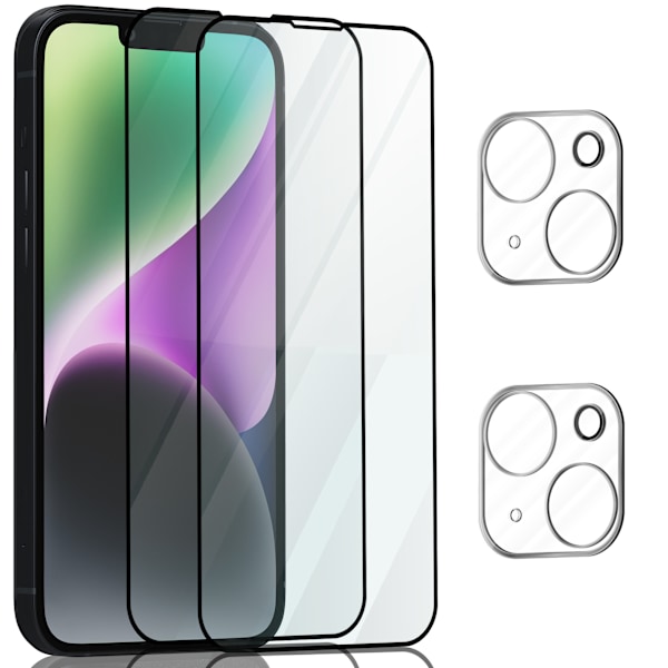 2-Pack ‏‏Iphone 14 Plus Skærmbeskyttelse & 2-Pack linsebeskyttelse - Hærdet Glas 9H - Super kvalitet 3D