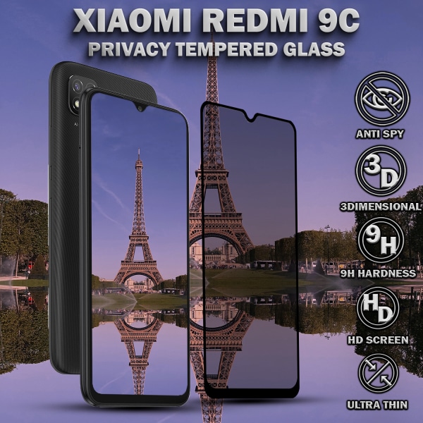 1-Pack Privacy Skärmskydd For Xiaomi 9C - Härdat Glas 9H - Super Kvalitet 3D