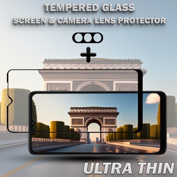1-Pack SAMSUNG A15 Näytönsuoja & 1-Pack linssinsuoja - Karkaistu Lasi 9H - Super laatu 3D