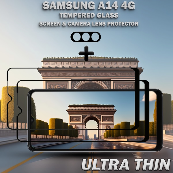2-Pack Samsung A14 4G Skärmskydd & 1-Pack linsskydd - Härdat Glas 9H - Super kvalitet 3D