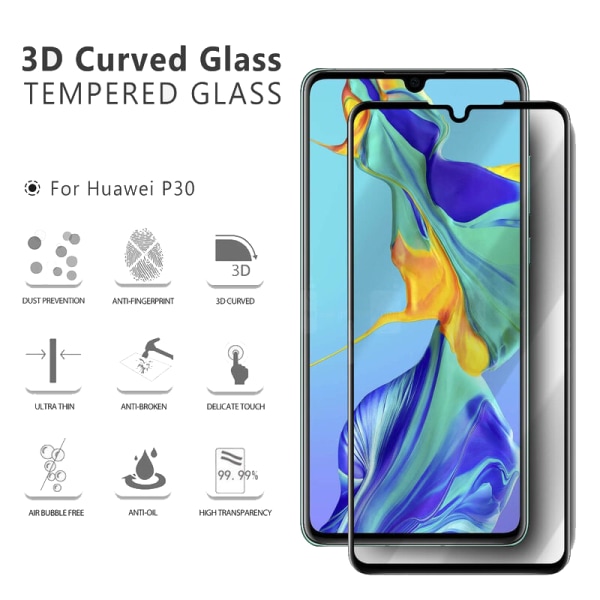 Skärmskydd Huawei P30, 3D härdat glas, bubbelfri, hög kvalitet.