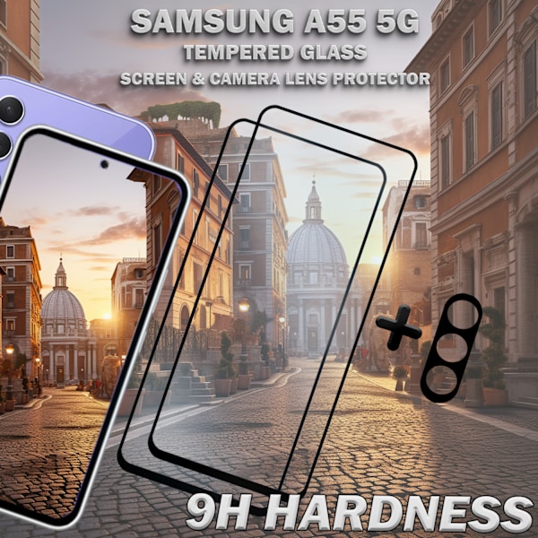 2-Pack SAMSUNG A55 5G Skärmskydd & 1-Pack linsskydd - Härdat Glas 9H - Super kvalitet 3D