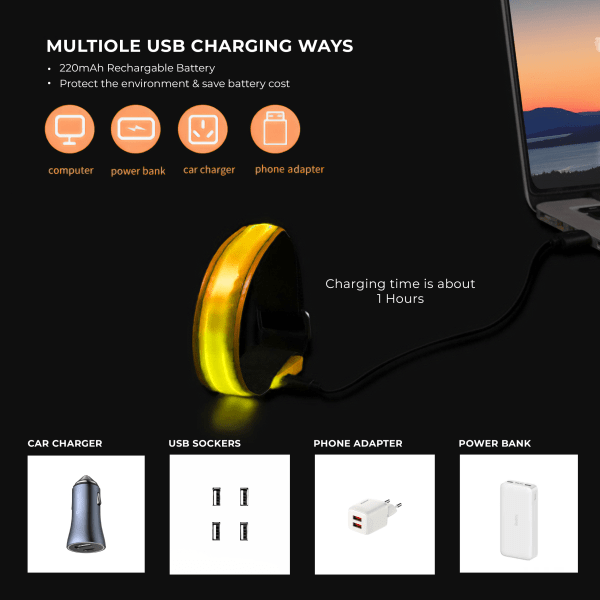 2-Pack Uppladdningsbar LED-Armband – Högsynlighets Löparljus Orange