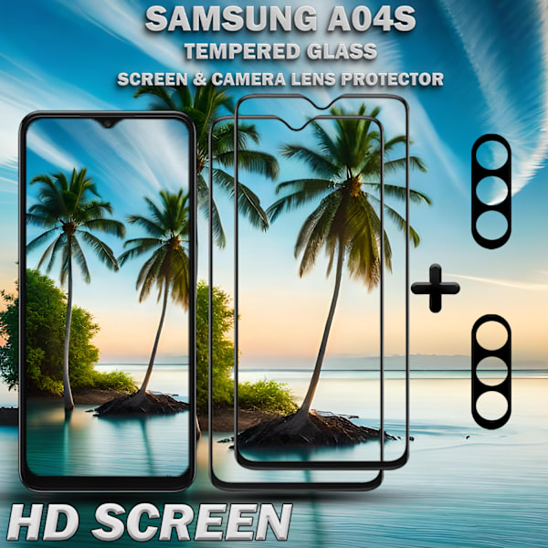 2-Pack Samsung A04s Skärmskydd & 2-Pack linsskydd - Härdat Glas 9H - Super kvalitet 3D