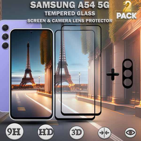2-Pack Samsung A54 5G Skärmskydd & 1-Pack linsskydd - Härdat Glas 9H - Super kvalitet 3D
