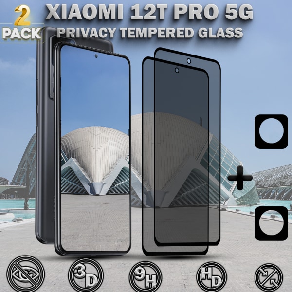 2-Pack Privacy XIAOMI 12T PRO 5G Skärmskydd & 2-Pack linsskydd - Härdat Glas 9H - Super kvalitet 3D