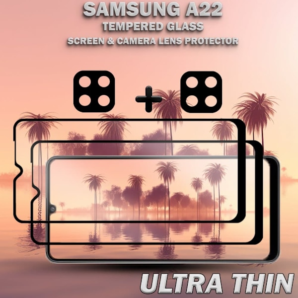 2-Pack SAMSUNG A22 Skærmbeskyttelse & 2-Pack linsebeskyttelse - Hærdet Glas 9H - Super kvalitet 3D