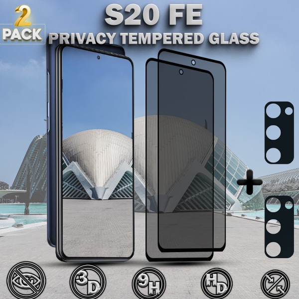 2-Pack Privacy SAMSUNG S20 FE Skärmskydd & 2-Pack linsskydd - Härdat Glas 9H - Super kvalitet 3D