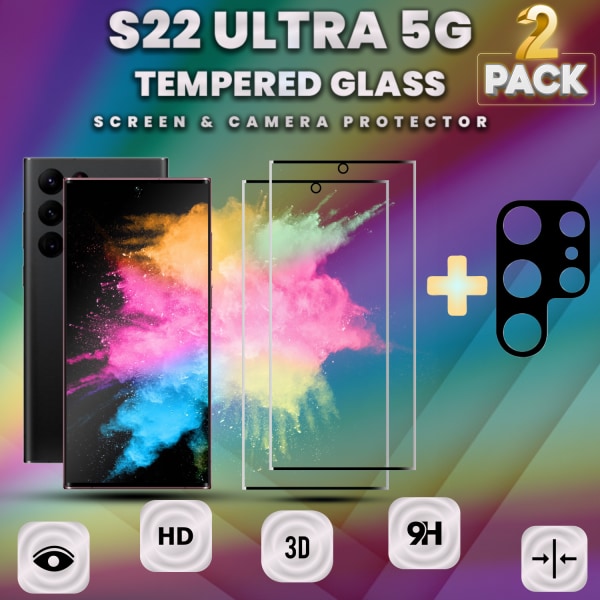 2-Pack SAMSUNG S22 ULTRA Skærmbeskyttelse & 1-Pack linsebeskyttelse - Hærdet Glas 9H - Super kvalitet 3D