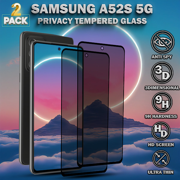 2-Pack Privacy Skärmskydd For Samsung A52S (5G) - Härdat Glas 9H - Super Kvalitet 3D