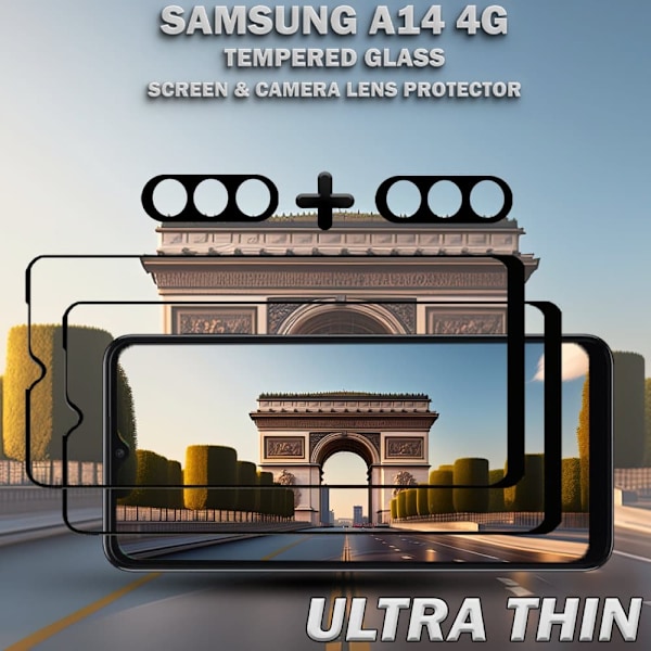 2-Pack SAMSUNG A14 Skærmbeskyttelse & 2-Pack linsebeskyttelse - Hærdet Glas 9H - Super kvalitet 3D