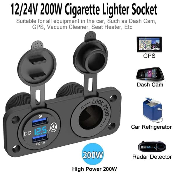 Dobbelt USB biloplader med LED voltmeter til 12/24V båd og ATV