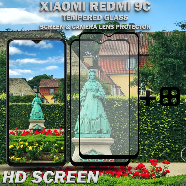 2-Pack Xiaomi Redmi 9C Skärmskydd & 1-Pack linsskydd - Härdat Glas 9H - Super kvalitet 3D