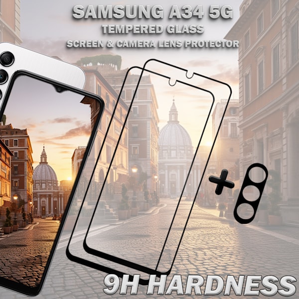 2-Pack SAMSUNG A34 Skærmbeskyttelse & 1-Pack linsebeskyttelse - Hærdet Glas 9H - Super kvalitet 3D