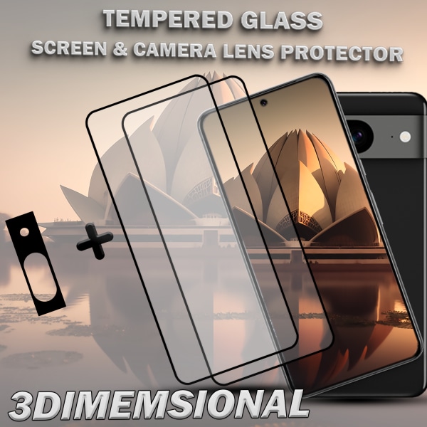 2-Pack GOOGLE PIXEL 8 Skärmskydd & 1-Pack linsskydd - Härdat Glas 9H - Super kvalitet 3D