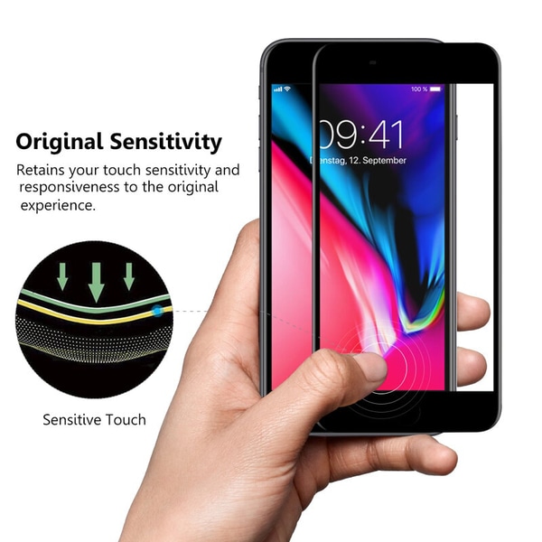 1-Pack IPHONE 7/8 PLUS SVART Skærmbeskyttelse - Hærdet Glas 9H - Super kvalitet 3D Svart