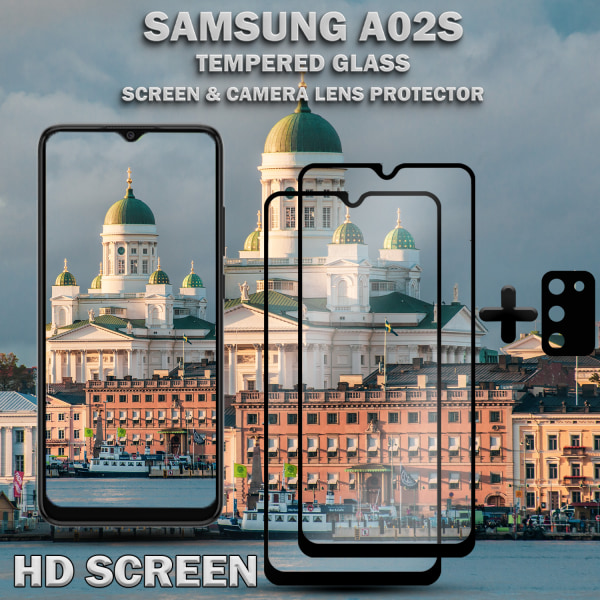 2-Pack Samsung A02s Skärmskydd & 1-Pack linsskydd - Härdat Glas 9H - Super kvalitet 3D