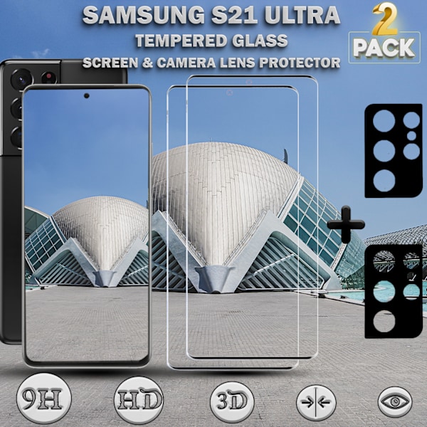 2-Pack SAMSUNG S21 ULTRA Skærmbeskyttelse & 2-Pack linsebeskyttelse - Hærdet Glas 9H - Super kvalitet 3D
